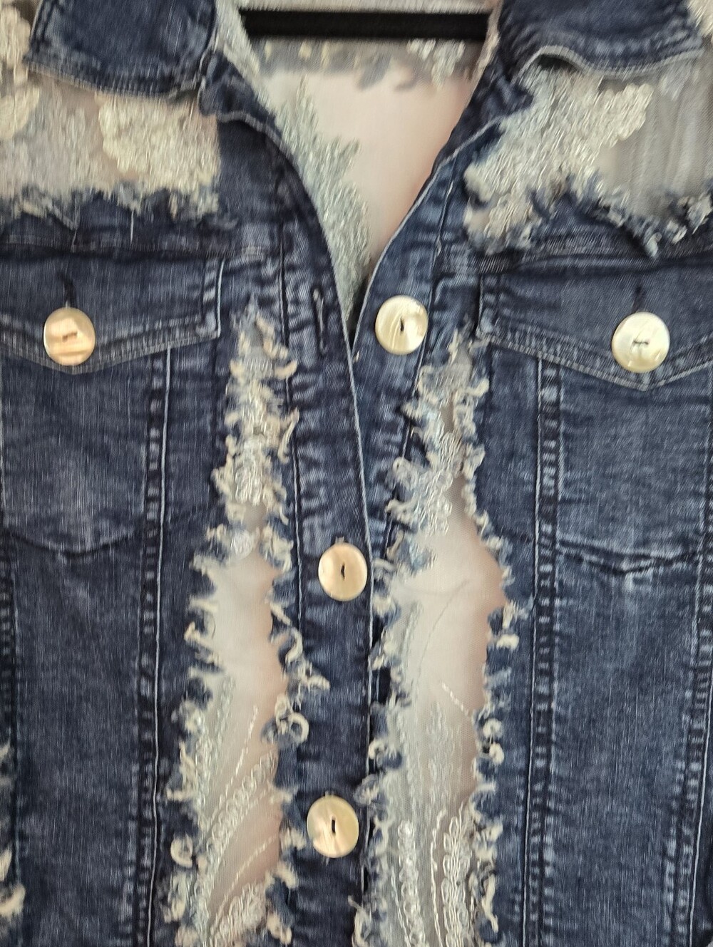 John Mark Women Size S Denim & Lace Cutout Button front Jacket, Patch Pockets - Picture 7 of 13
